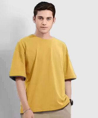 CLOFLIX Solid Men Round Neck Yellow T-Shirt