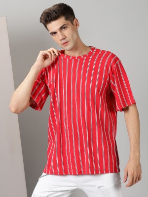 RodZen Striped Men Round Neck Red, White, Black T-Shirt