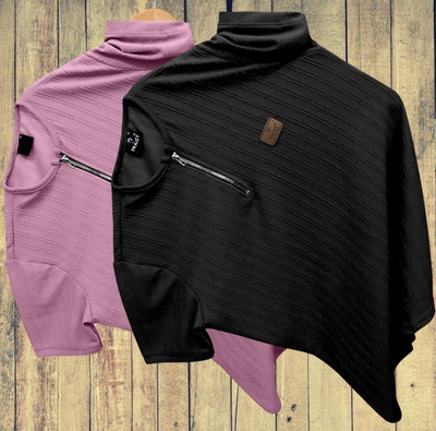 METRONAUT Self Design Men Zip Neck Pink, Black T-Shirt