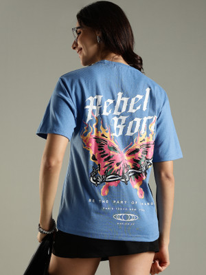 LEWEL Graphic Print Women Round Neck Blue T-Shirt