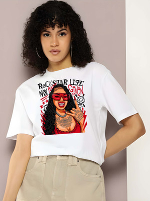 Kaido Printed Women Round Neck White T-Shirt