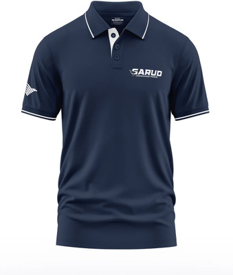 Warriorworld Solid Men Polo Neck Navy Blue T-Shirt