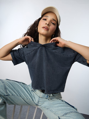 The Souled Store Washed/Ombre Women V Neck Blue T-Shirt