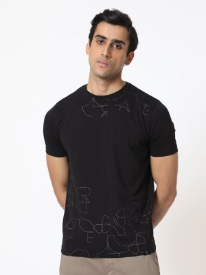 RARE RABBIT Printed Men Round Neck Black T-Shirt