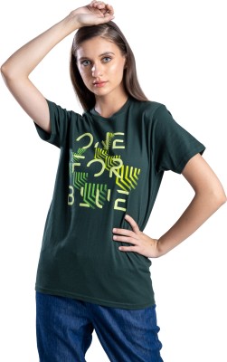 One For Blue Printed Women Round Neck Green T-Shirt