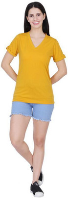 CLOTHINK India Solid Women V Neck Yellow T-Shirt