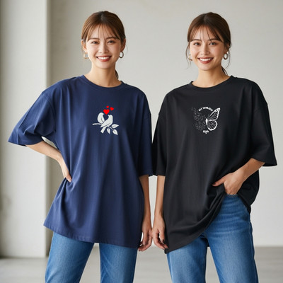 UrGear Printed Women Round Neck Black, Navy Blue T-Shirt