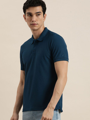 ether Solid Men Polo Neck Blue T-Shirt