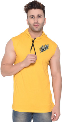 Money Leaf Graphic Print Men Hooded Neck Yellow T-Shirt