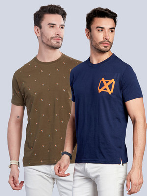 BE POSITIVE Solid Men Round Neck Blue, Dark Green T-Shirt