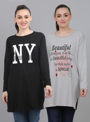 Ddaspration Printed Women Round Neck Black, Grey T-Shirt