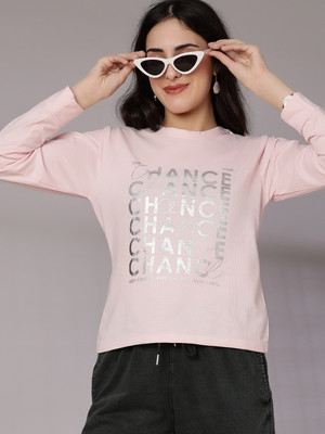 V-MART Printed Women Round Neck Pink T-Shirt