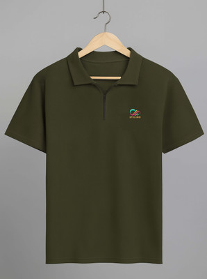 Stelino Self Design Men Polo Neck Dark Green T-Shirt