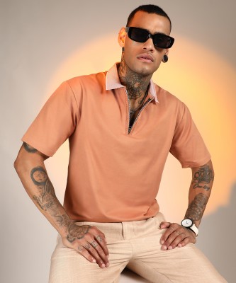 CAMPUS SUTRA Self Design Men Polo Neck Orange T-Shirt