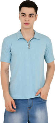 YUALIN CREATION Solid Men Zip Neck Light Blue T-Shirt