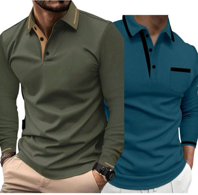 VOID & VOGUE Solid Men Polo Neck Dark Green, Dark Blue T-Shirt
