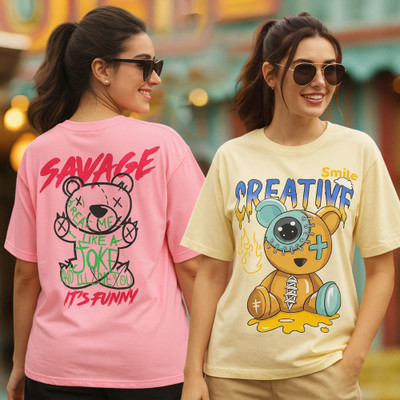 Fabflee Printed Women Round Neck Beige, Pink T-Shirt