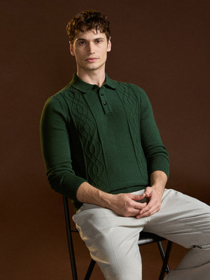 THE BEAR HOUSE Self Design Men Polo Neck Green T-Shirt
