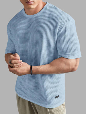Lets Create Self Design Men Round Neck Blue T-Shirt
