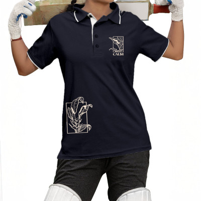 Fighterhero Graphic Print Women Polo Neck Navy Blue T-Shirt