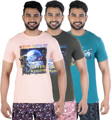 COLORS by Rupa Frontline Printed Men Round Neck Pink, Dark Green, Green T-Shirt