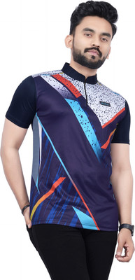 dhaari by unique creation Printed Men Mandarin Collar Navy Blue T-Shirt