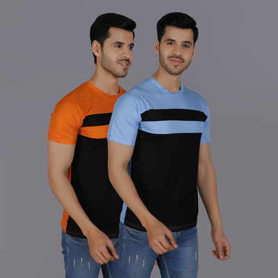 PICKURTEE Solid Men Round Neck Orange, Light Blue T-Shirt