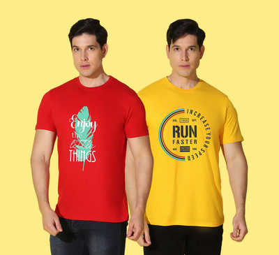 WOOSTRO Typography Men Round Neck Red, Yellow T-Shirt