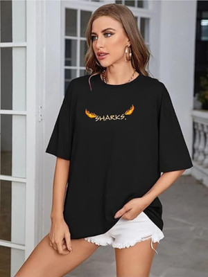 Sharks Printed Women Round Neck Black T-Shirt