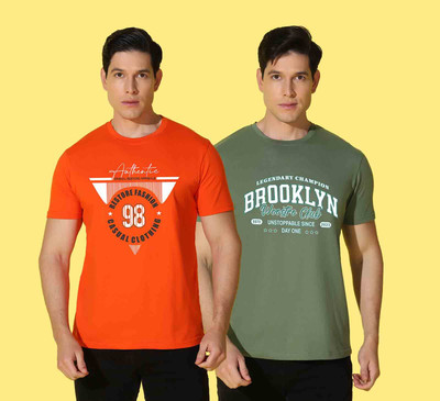 WOOSTRO Printed Men Round Neck Orange, Green T-Shirt