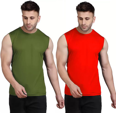 MR THINK Solid Men Round Neck Green, Red T-Shirt