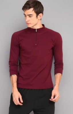 HOOKNEER Solid Men Mandarin Collar Red T-Shirt