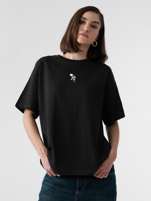 The Souled Store Printed Women Round Neck Black T-Shirt