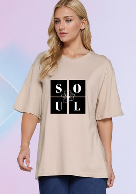 SLENOR Printed Women Round Neck Beige T-Shirt