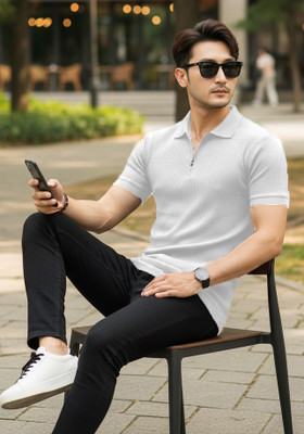 DSV ENTERPRISES Self Design Men Polo Neck White T-Shirt