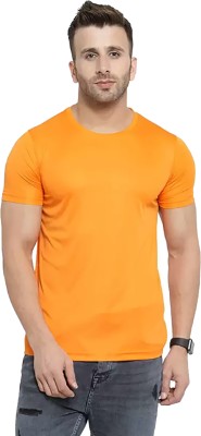 Renowned Solid Men Round Neck Yellow T-Shirt