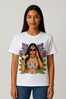 vastra root Graphic Print, Floral Print Women Round Neck Reversible White T-Shirt