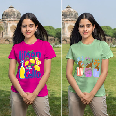 Parona Graphic Print Women Round Neck Pink, Green T-Shirt