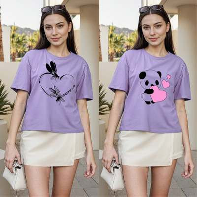 Herway Printed Women Round Neck Purple T-Shirt