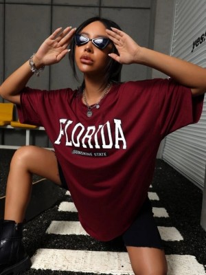 DreamBe Printed, Typography Women Round Neck Maroon T-Shirt