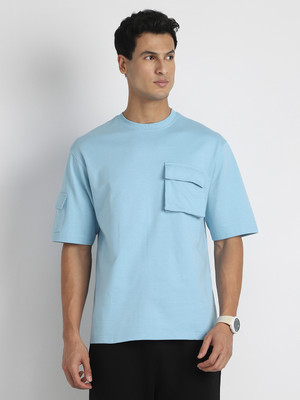 NOBERO Solid Men Round Neck Light Blue T-Shirt