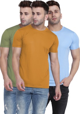 TQH Solid Men Round Neck Yellow, Light Green, Light Blue T-Shirt