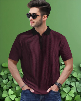 METRONAUT Self Design Men Zip Neck Purple T-Shirt