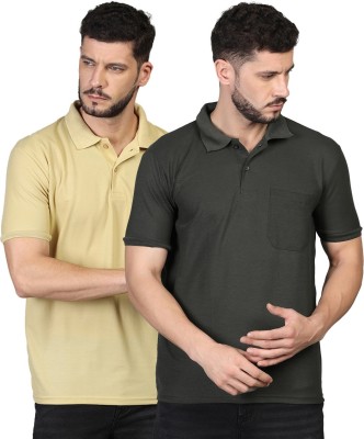 INKKR Solid Men Polo Neck Grey, Yellow T-Shirt
