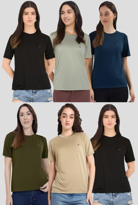 SHAUN Solid Women Round Neck Multicolor T-Shirt