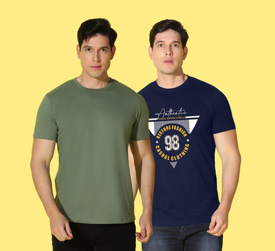WOOSTRO Typography, Solid Men Round Neck Dark Blue, Green T-Shirt