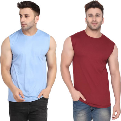 Moordale Fab Solid Men Round Neck Blue, Maroon T-Shirt