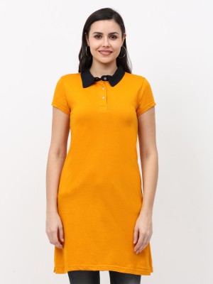 Fleximaa Solid Women Polo Neck Yellow T-Shirt