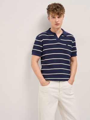 THE BEAR HOUSE Striped Men Polo Neck Blue T-Shirt