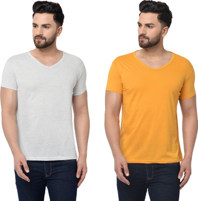 Tresna Trending Solid Men V Neck Grey, Yellow T-Shirt